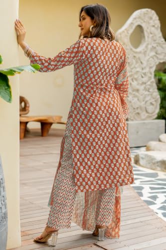 Image of MIRCHI FASHION Women's Straight Fit Pure Cotton Embellished Floral Printed Kurta Set with Dupatta and Trouser