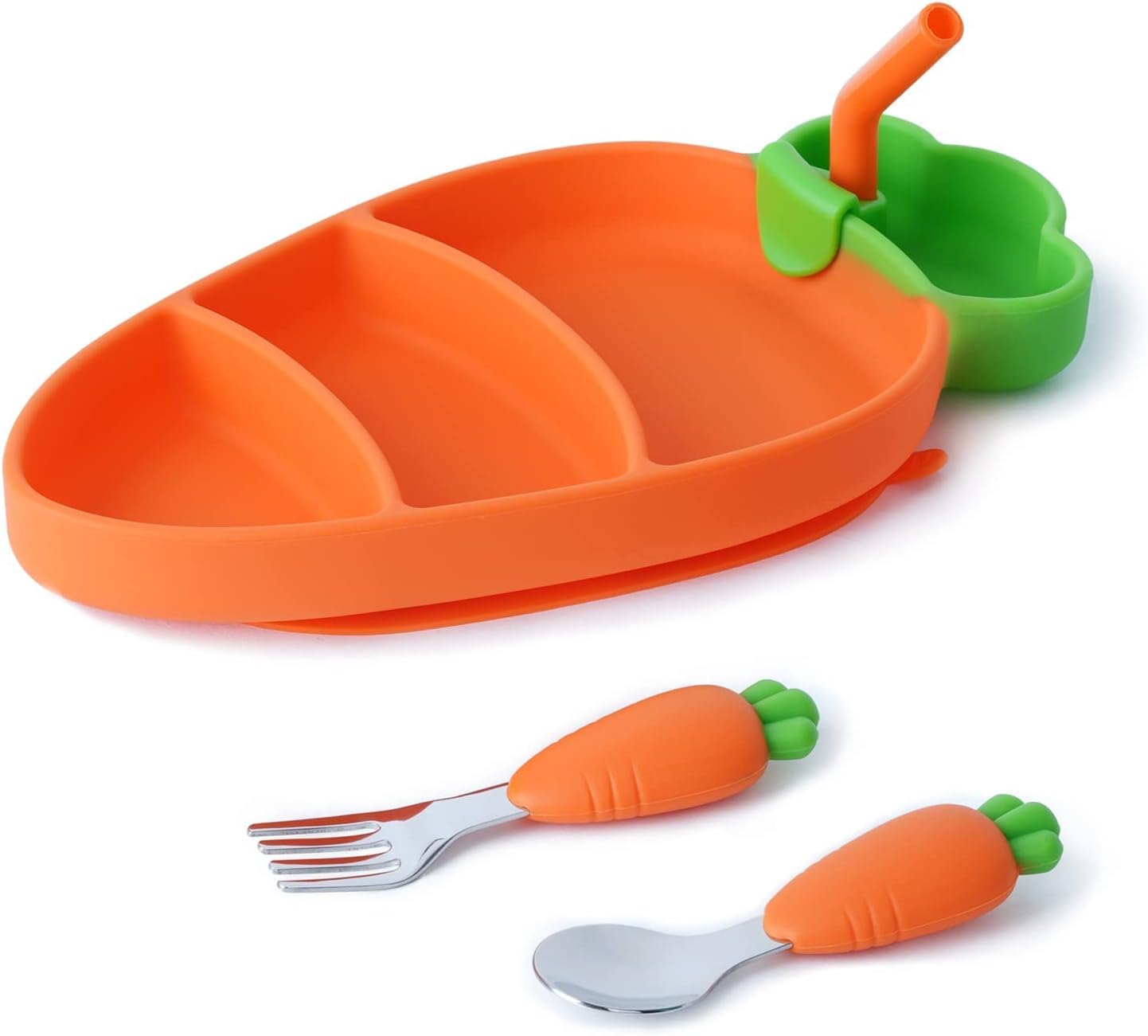 4Pcs/Set Toddler Plates Utensils for Baby, Silicone Plates Stay Put with Suction Feature, Baby Dishes Flatware Toddler Forks and Spoons, Divided Design, Dishwasher & Microwave Safe