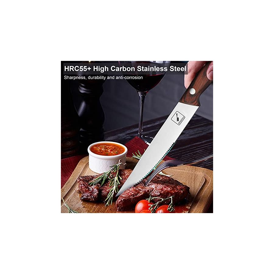 imarku Steak Knives, Serrated Steak knives Set of 8, Japanese HC Steel Knife Set, Premium Serrated Carbon Stainless Steel Steak Knife with Gift Box,9 Inches/Piece
