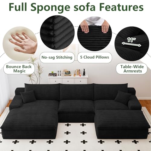 Image of 107 inch Cloud Couch Modular Sectional Sofa for Living Room, U-Shape Boneless Couch with Deep Seat, Modern Corduroy 3-Seater with Ottoman, No Assembly Required (Black,Left-Facing Chaise)