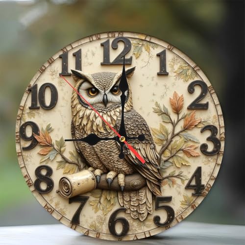 SEMARY Owl Wall Clock Vintage Home Decor Decorative Timepiece10-Inch Wooden Wall Clock, Silent Movem