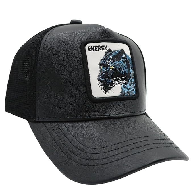 Image of kill off Leather Baseball Cap Panther Patch Cap Trucker for Men Snapback Mesh Animal Patch Hat Men's Black Djustable Baseball Hat Streetwear Fashion Hat