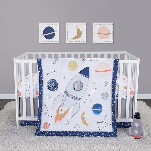 Image of Sammy & Lou Cosmic Rocket 4-Piece Baby Nursery Crib Bedding Set for Boys, Includes Quilt, Fitted Crib Sheet, Crib Skirt, and Plush Toy