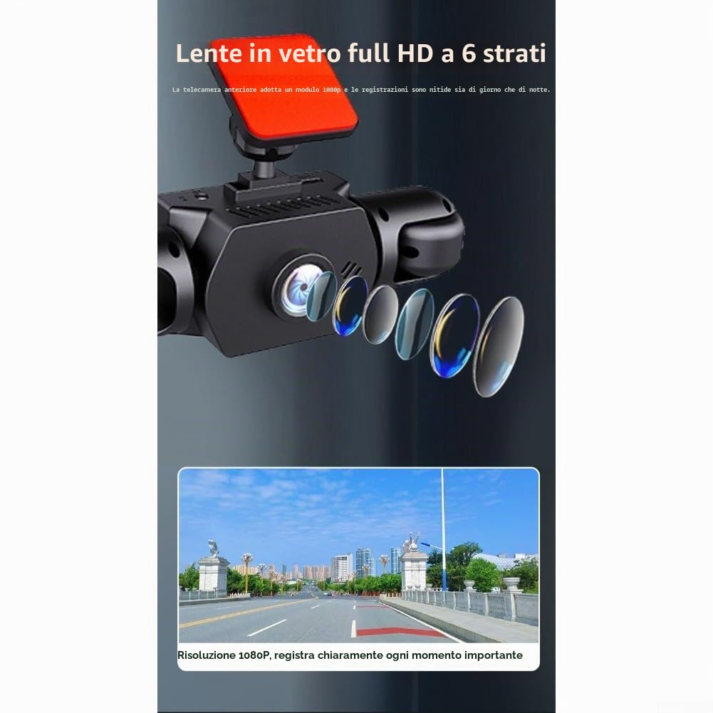 Sistema di Dashcam per Auto a Vista Completa 360° con Fotocamera Anteriore 4K UHD e Lenti Laterali Posteriori 1080P, Display IPS da 3,16 Pollici, Rilevamento di Movimento e Registrazione Ciclica per
