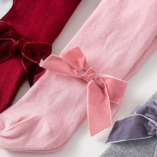 Newborn Baby Girls Tights Infant Toddler Girls Leggings Velvet Bowknot Warm Cotton Stockings Pant Baby Tight Socks (S(0-12 Months), White & Pink-2 pack)2