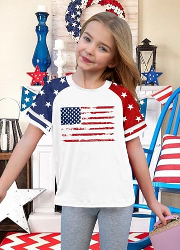 Image of CAZYCHILD Girls 4th of July USA Shirt American Flag Patriotic T-Shirt Independence Day Outfit for Kids 5-14Years