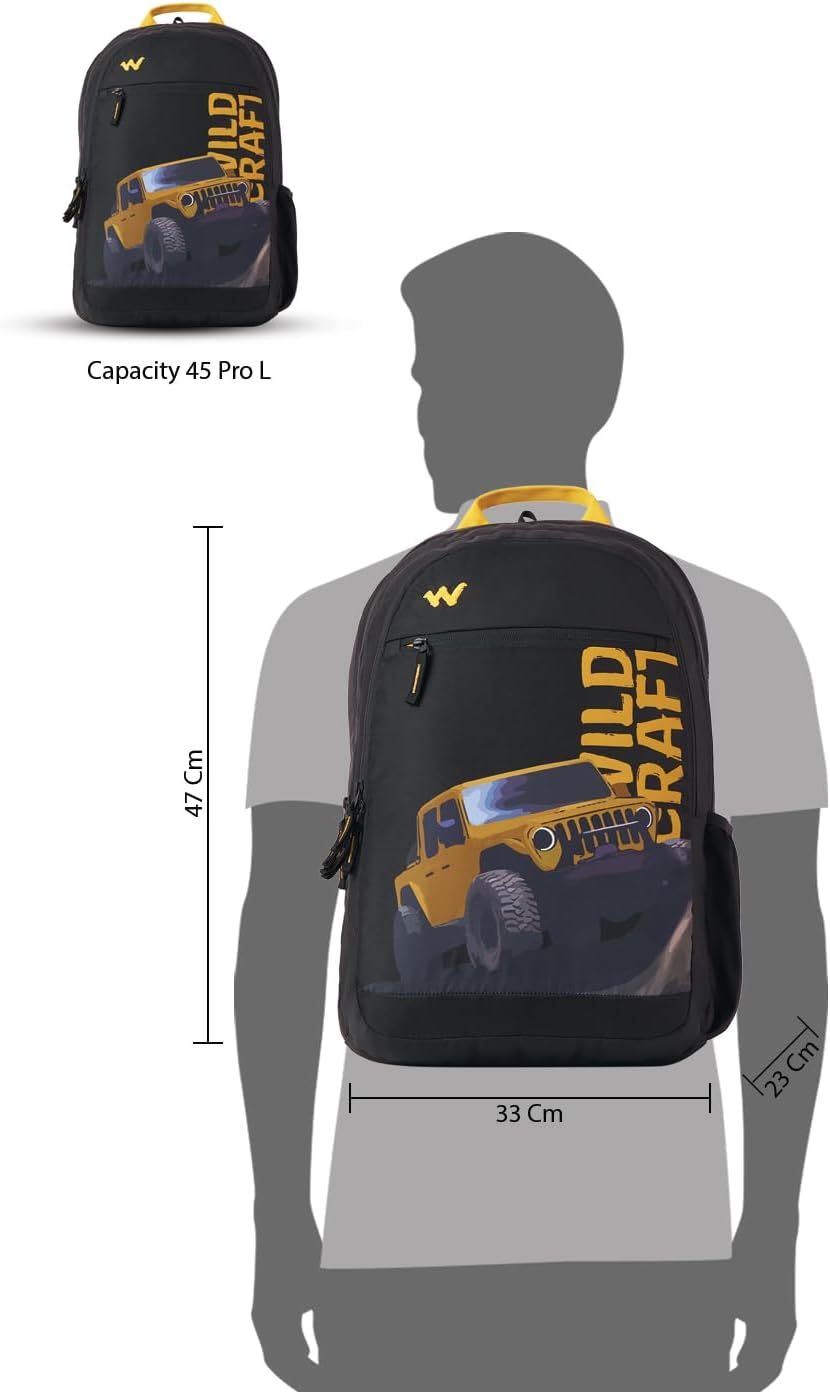 Wildcraft 4x4 Off Road 45 L Professional Laptop Backpack for Men & Women Fits 15.6 inch Laptop Padded Shoulder Straps, ulti Compartments, Anti-Theft Zippers Business Travel Bag M Black
