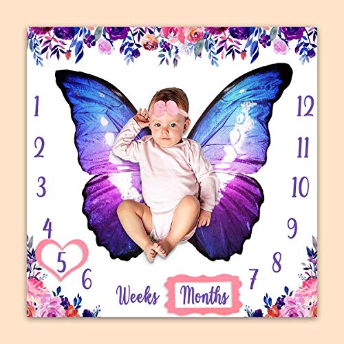 Image of PHMOJEN Baby Monthly Milestone Blanket, Colorful Butterfly Wings Flowers Blanket for Nursery, Girl 1-12 Months, Includes 4 Frame and 1 Headband 40"x40" BTLSPH432