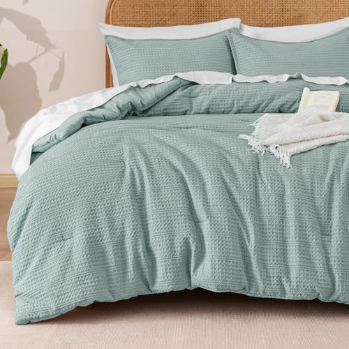 Image of PHF Soft Waffle Comforter Set Twin Size- Comfy Breathable Waffle Weave Comforter with 1 Pillow Shams, 2 Pieces Less Snagging Lightweight Textured Bedding Set for All Season, Dusty Blue