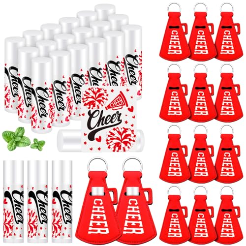Swiffen 36 Pcs Cheerleading Gifts Bulk Cheer Team Gifts Lip Balm and Holder Keychains Set Christmas Cheer Party Favors for Xmas Stocking Stuffer Cheerleader Team Sports Party Supplies(Red)