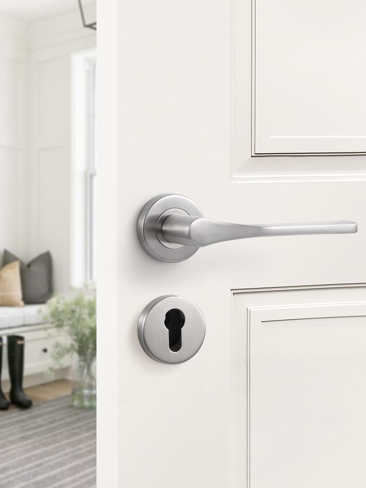 SORWDUERM Nickel Door Handle Set, Matte Brushed Stainless Steel, L Shape Round Rosette PZ Profile Cylinder for Front & Interior Doors - Image 4