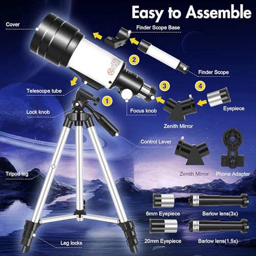 Telescope, Telescope for Adults & Kids, 70mm Aperture 400mm Portable Refractor Telescopes for Astronomy Beginners, Travel Telescopes AZ Mount Fully Multi-Coated Optics with Phone Adapter