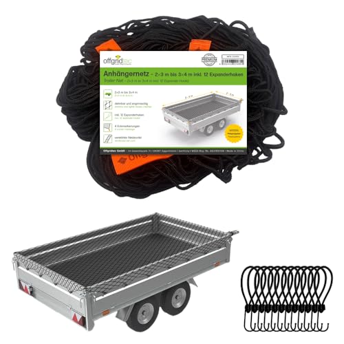 Offgridtec Anhänger-Ladungssicherungsnetz 2x3m auf 3x4m, Dehnbar & Feinmaschig, Inkl. 12 Spannhaken, Eckmarkierungen, Verstärktes Gummiseil, Ladungssicherung für Anhänger, Baumaterialien