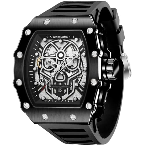 senstone Mens Watches Retro Punk Skull Tonneau Design Analog Unique Skeleton Sports Quartz Wrist Watch for Men with Luminous Rubber Strap Silicone Band - Black