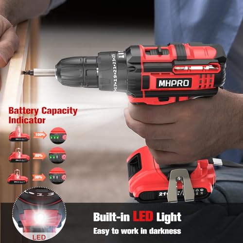 MHPRO Trapano Avvitatore Batteria 21V, Avvitatore a Batteria con Batterie 2.0Ah, 42Nm Avvitatore Elettrico, 25+3 Coppie, 2 Velocità, 23CS Accessori, LED Luce per Casa Progetto - Immagine 5