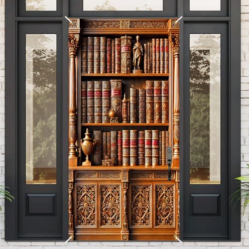 Image of Vintage Library Bookshelf Door Cover, Antique Books Faux Bookcase Door Decorations, Polyester Dark Academia Door Banner Indoor Outdoor 35.43 x 70.87 Inch