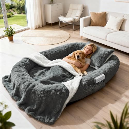 71' Human Dog Bed for Adult, Giant Orthopedic Memory Foam Dog Sofa Bed, Large Oversize Washable Faux Fur Pet Couch with Plump Pillow, Blanket, Strap - Dark Grey