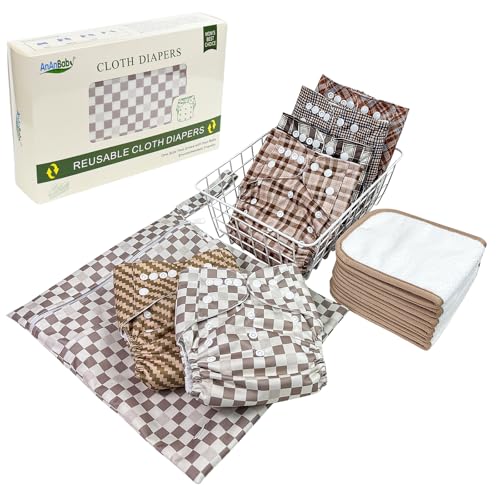 Baby Cloth Diaper One Size Cloth Diaper Covers 6 Pack with 6 Inserts & 1 Wet Bag Adjustable Washable Reusable for Baby Girls and Boys (Brown)