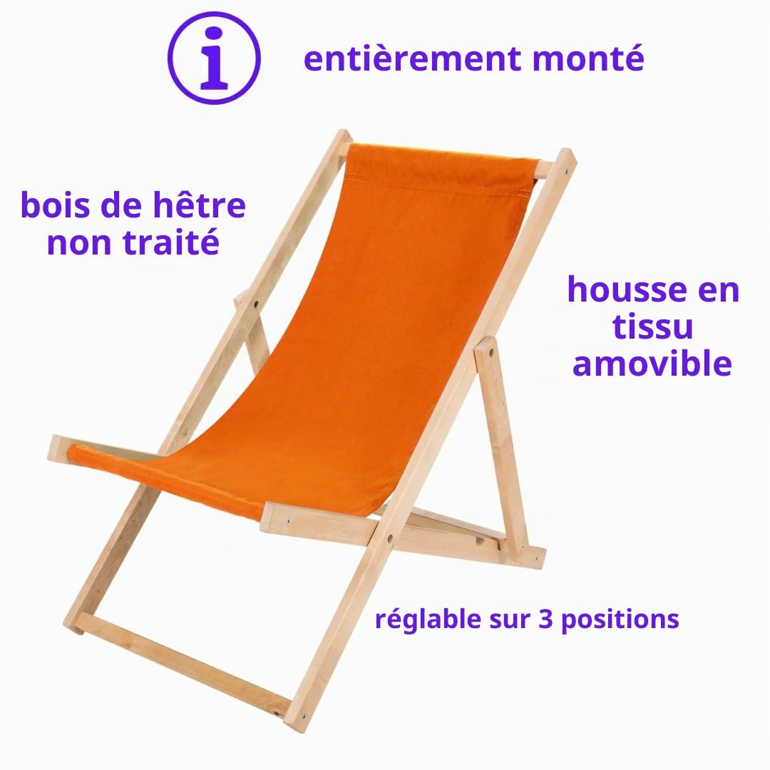 Chaise Longue Pliante en Bois Orange - Transat chilienne en hêtre Robuste 120 kg - Relax Pliable pour Jardin, Balcon, terrasse, Plage & Camping