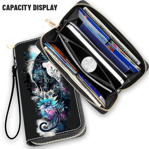 Wallet,Large Capacity RFID Blocking Leather Wallet, Durable Smooth Zipper Clutch,Unisex Travel Wallet for Cards,Cash,and Coins - Black Cat and Flowers2
