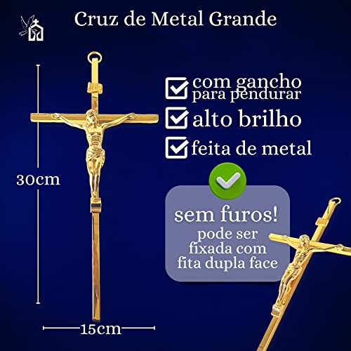 Crucifixo de Metal de Parede Dourado Estilizado Grande 30cm Elegante Moderno Metalizada Cruz Parede