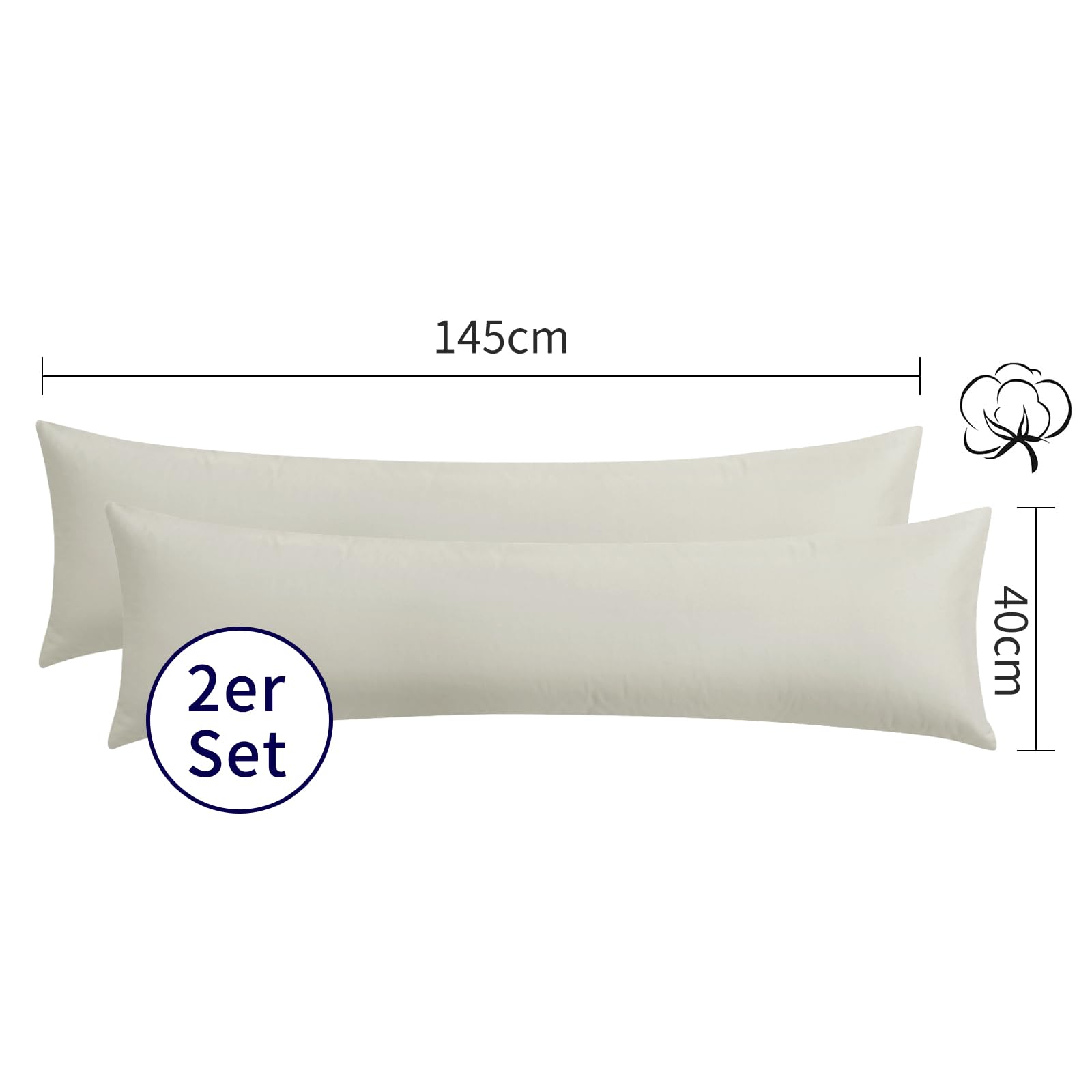 Aisbo Poduszka do spania na boku poszewka 40 x 145 cm, bawełna, zestaw 2 szt., beżowe - miękka poszewka na poduszkę 40 x 145 cm z zamkiem błyskawicznym, 40 x 145 cm, poszewka na poduszkę