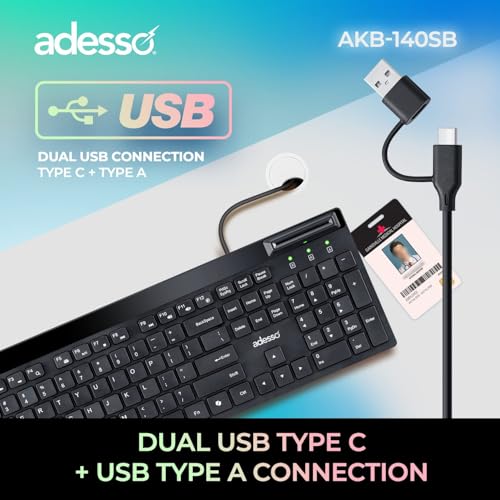 Image of Adesso AKB-140SB Desktop Keyboard with Built-in Smart Card Reader 104-Key Full Size Low Profile Membrane USB Wired for Windows PC Secure Login Banking Healthcare Office