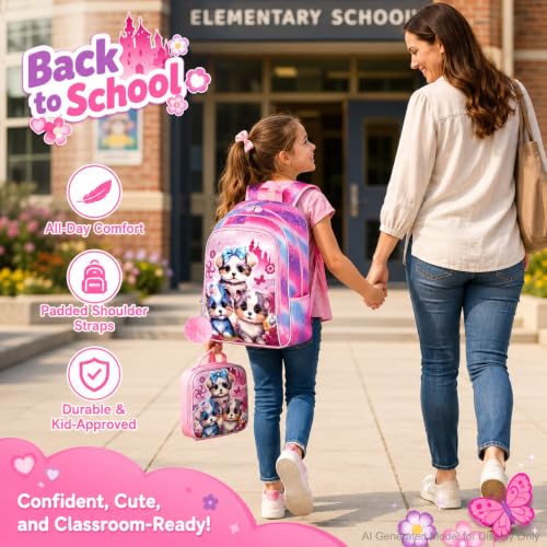 Image of AGSDON 3PCS Backpacks for Girls, 16 inch Elementary Kids Cute Dog Backpack Preschool School Bookbags and Lunch Box