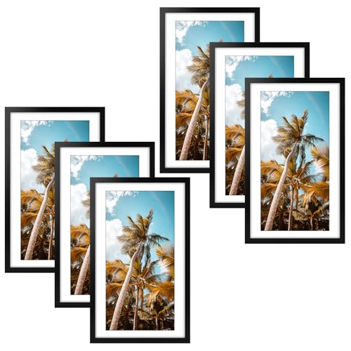 Image of Frametory, 14x24 Picture Frame With Mat for 11x22 Picture - High Definition Glass Wide Molding - Preinstalled Wall Mounting Hardware (Black, 6 Pack)