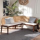 bali & pari Okinawa 2-Piece Corner Bench Set with Cushion - L-Shaped Dining Nook Seating with Acacia Wood Base and Natural Rattan Backrest, Boho Coastal Style Banquette for Kitchen or Breakfast Area
