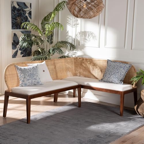 Bali & pari Okinawa 2-Piece Corner Bench Set with Cushion - L-Shaped Dining Nook Seating with Acacia Wood Base and Natural Rattan Backrest, Boho Coastal Style Banquette for Kitchen or Breakfast Area