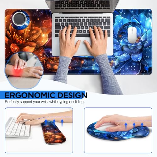 AIMSA Desk Mat Set, Large Gaming Mouse Pad with Wrist Rest, Ergonomic Mouse Pad and Keyboard Mat Wrist Support for Home Office Desk Accessories Decor -Fire and Ice Flower — view 4