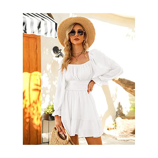 Exlura-Women-Tie-Back-Long-Lantern-Sleeve-Square-Neck-Ruffle-Dress-Elastic-Waist-Aline-Casual-Mini-Dress EXLURA Women Tie Back Summer Dresses Long Lantern Sleeve Square Neck Ruffle Elastic Waist Aline Casual Mini Dress
