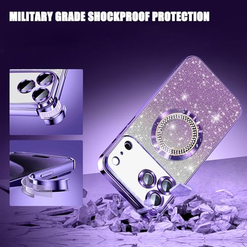 Image of Misscase for iPhone 17 Pro Max Magnetic Glitter Case Compatible with MagSafe,Full Protection Slim Shockproof Anti-Scratch Case with Camera Lens Protector Plating Bling Dust-Proof Net Purple