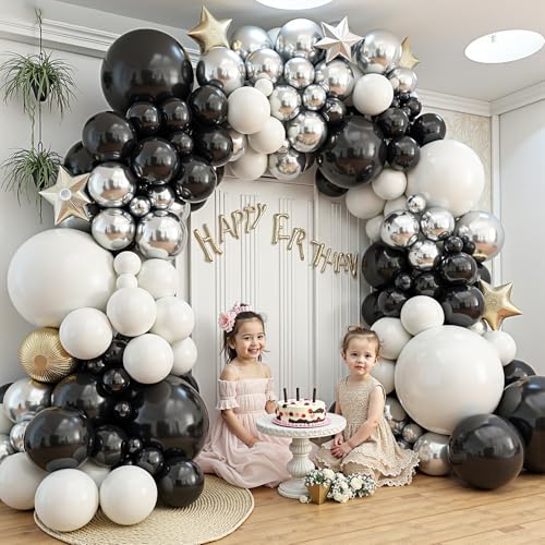 Image of 412Pcs Black and Silver White Balloon Arch Kit, 18 12 10 5 Inch Different Size Black and Silver White Balloons for Graduation Birthday Wedding Party Decorations
