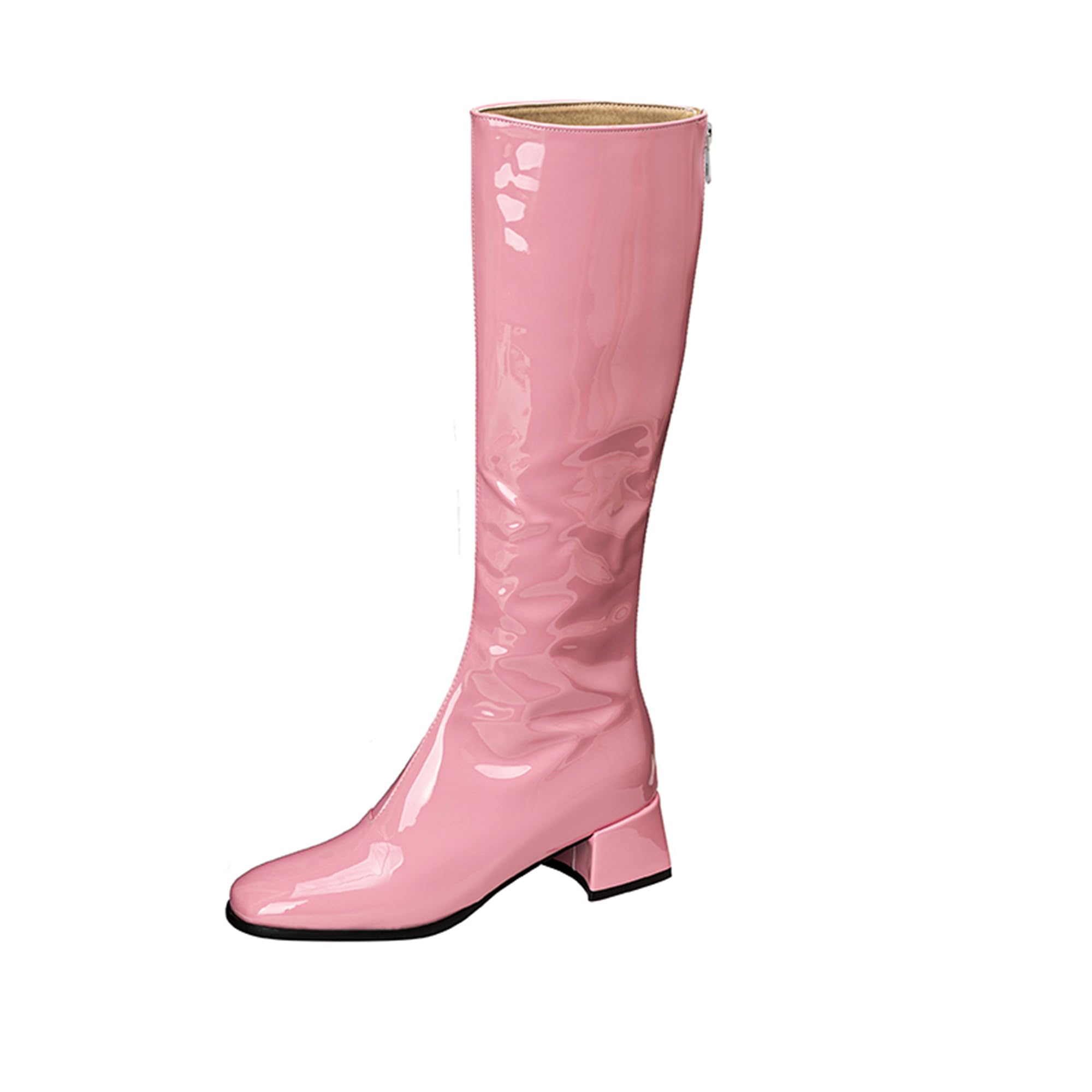 Womens Zip Up Low Block Heel Square Toe Sexy Mid Calf Riding Boots