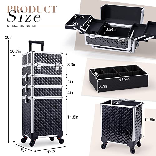 Stagiant Rolling Makeup Train Case Large Storage Cosmetic Trolley 4 In 1 Large Capacity Trolley Makeup Travel Case With Key Swivel Wheels Salon Barber Case Traveling Cart Trunk - Black #TOP5