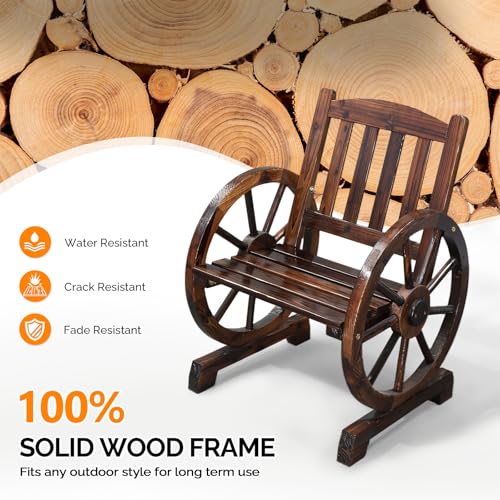 Image of VINGLI Rustic Wooden Wheel Bench Outdoor Bench, Patio Bench Wagon Slatted Seat, Garden Benches for Outdoors 350lbs High Capacity, Weather Resistance (Rustic, 23in)