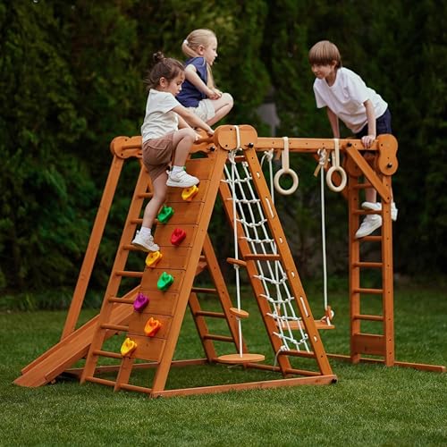 Image of Avenlur 8-in-1 Small Indoor/Outdoor Playset – Foldable Wooden Kids Play Set for Backyard – Kid Playground for Toddlers Age 2–6 with Slide, Monkey Bars, 2 Ladders, 2 Swings, Rock Climbing, Gym Rings