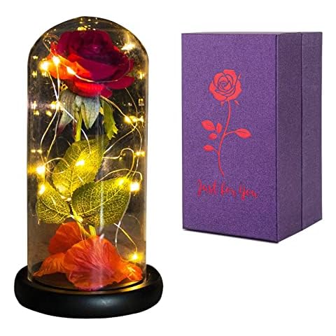 SUOHINAO Valentines Gifts for Her,Beauty and the Beast Rose,Enchanted Red Silk Rose with LED Dome,Valentine's Day Mother's Day for Her Girlfriend Women Home Decorations Cover