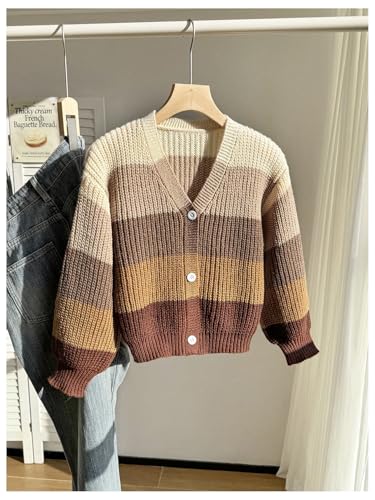 Image of BEAUDRM Girl's Rainbow Cardigan Sweater Fall Cute Sweaters Colorblock Button Down Cardigan Long Sleeve Knitted Top
