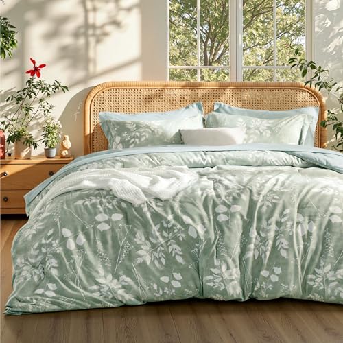 Bedsure Queen Comforter Set – 7 Pieces Floral Sage Green Soft Bedding Sets, Queen Bed in a Bag with Botanical Flowers Comforter, Sheets, Pillowcases & Shams