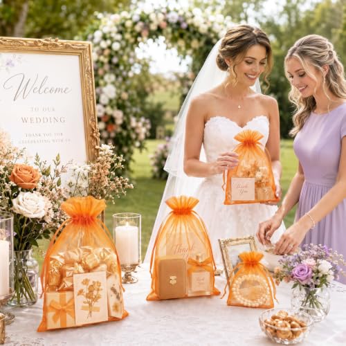 Image of FUNFERY 100PCS Orange Organza Gift Bags 5x7in,Drawstring Pouch for Jewelry