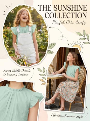 Image of Arshiner Girls Ruffle Short Sleeve Shirts Cute Summer Frill Neck Pleated Textured Blouse Tops
