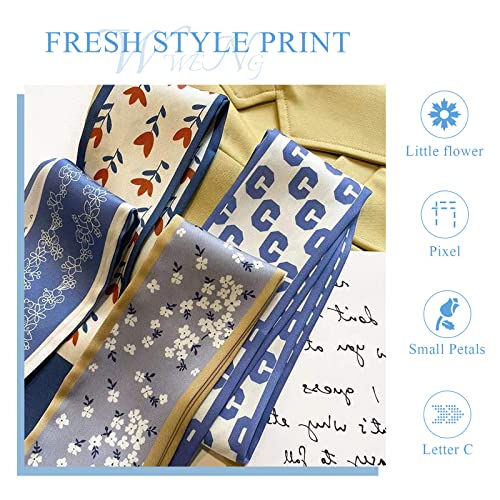 5 Packs Skinny Silk Scarf Women Girls Fresh Flower Geometric Pattern Satin Narrow Neckerchief Headdress Ribbon Scarf2