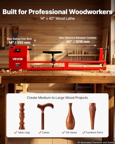 Image of VEVOR Wood Lathe 1 /2 HP 14 inch x 40 inch Benchtop Wood Lathe Machine 4 Speeds, 930 /1500 /2050 /2500 RPM, with Tool Rest, Wrenches, Faceplate, Heavy Duty, for Beginner Professional Woodworking, Woodturning