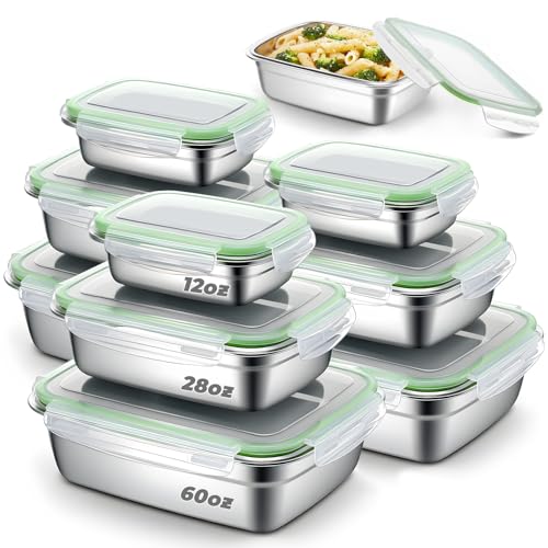 Exclaith 9 PCS Stainless Steel Food Storage Containers with Lids, Leak Proof Airtight Lids Lunch Containers, Dishwasher & Freezer Safe