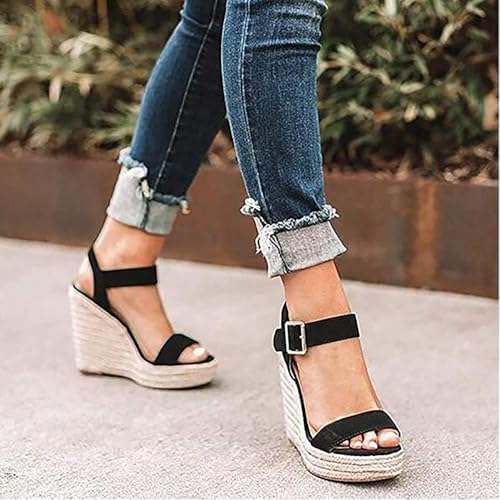 Image of Wedges for Women, Espadrille Platform Sandals, Comfortable Open Toe Wedge Heels with Ankle Strap Buckle, Summer Vacation Casual Shoes