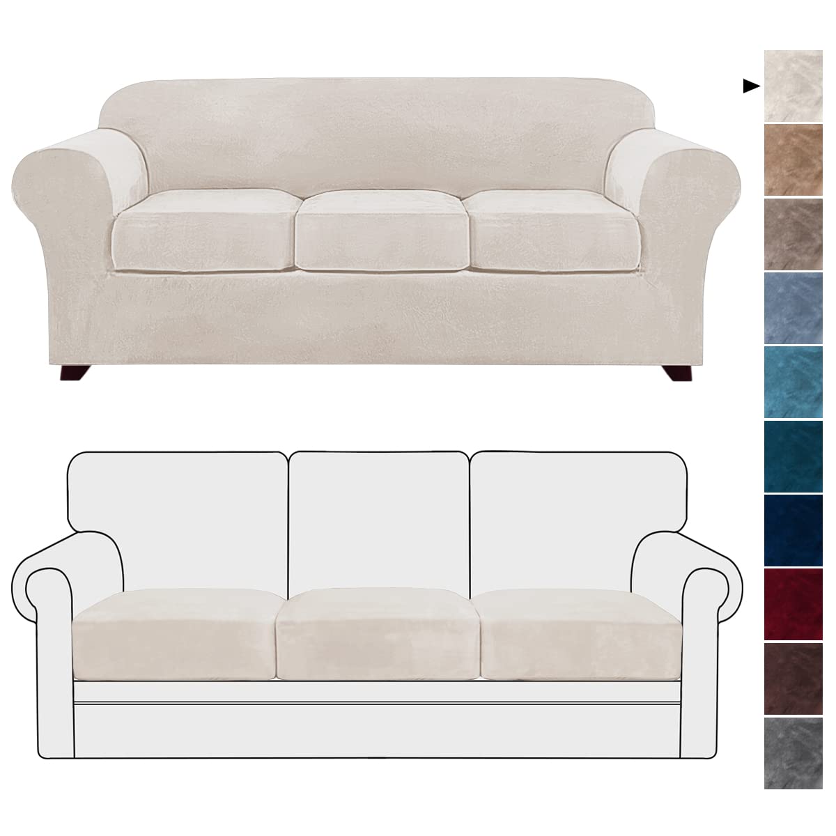 Real Velvet Stretch Sofa Slipcovers and Individual Cushions Sofa
