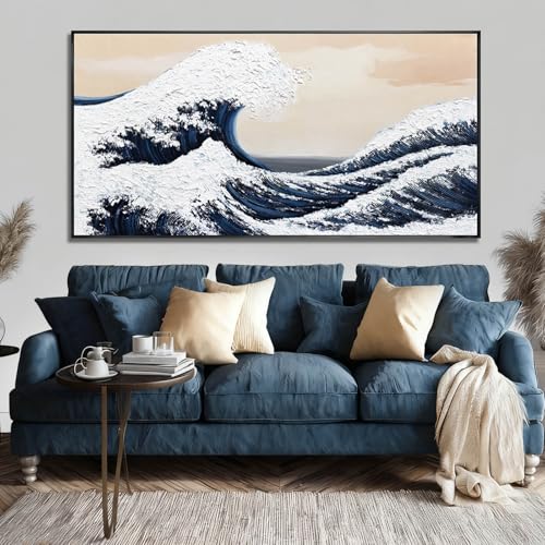 Image of Wave Poster Abstract Wall Art Minimalist Print Abstract Ocean Art Blue And White Framed Canvas Arts Print Paintings for Home Office Decorations 29 inchx58 inch
